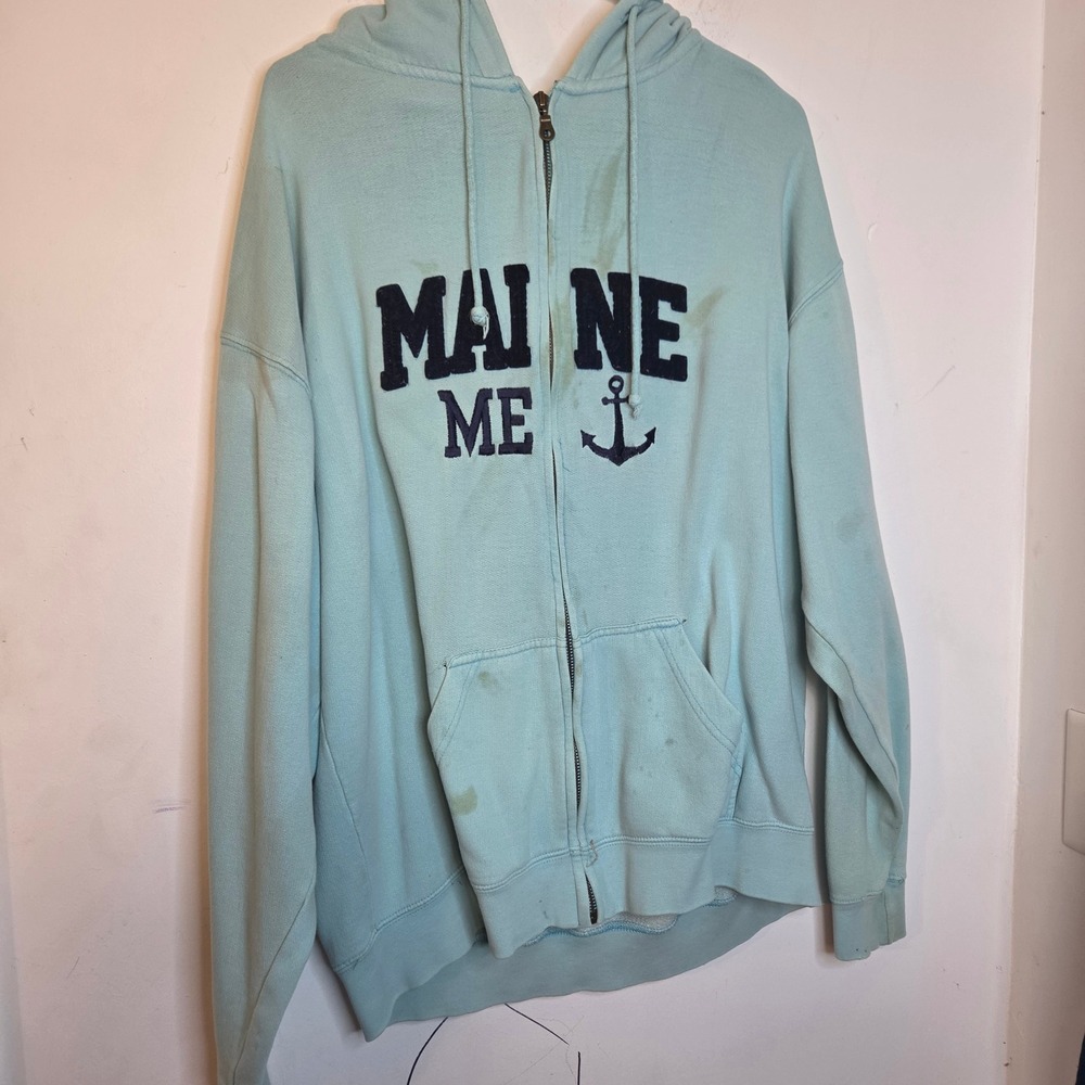 US Vintage Maine ME Anchor Full Zip Hoodie Light Blue Mens XL Nautical Graphic